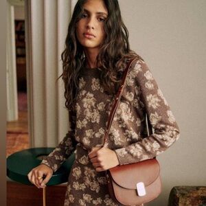 Sezane Brown Floral Crew Neck Sweater